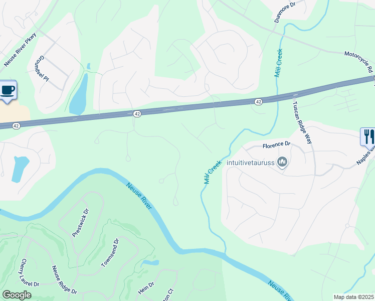 map of restaurants, bars, coffee shops, grocery stores, and more near 2016 Neuse Colony Drive in Clayton