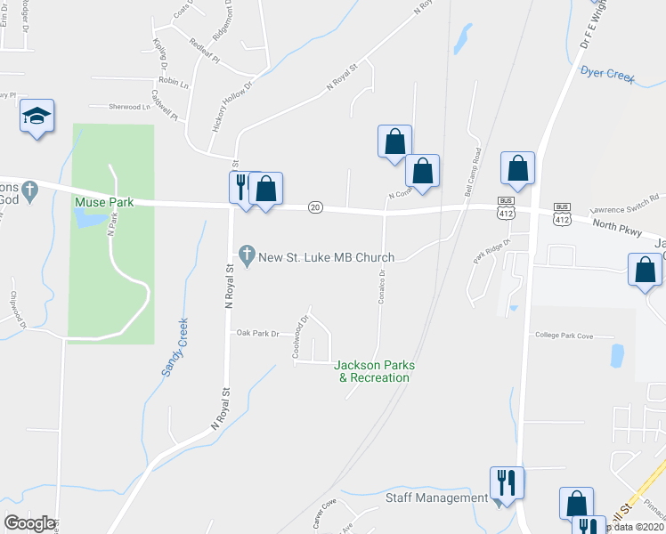 map of restaurants, bars, coffee shops, grocery stores, and more near 116 Lawrence Switch Rd in Jackson