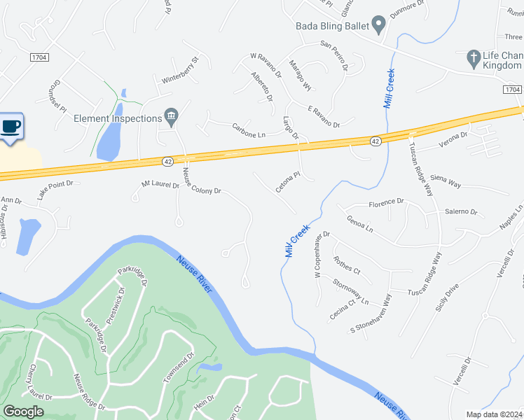 map of restaurants, bars, coffee shops, grocery stores, and more near 2016 Neuse Colony Drive in Clayton