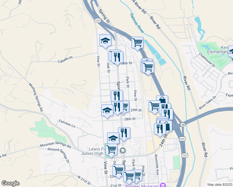 map of restaurants, bars, coffee shops, grocery stores, and more near 3041 Spring Street in Paso Robles