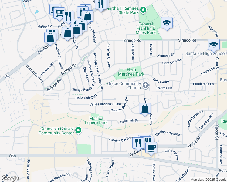 map of restaurants, bars, coffee shops, grocery stores, and more near 901 Avenida de las Campanas in Santa Fe