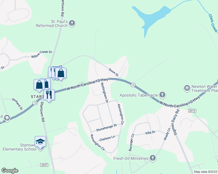 map of restaurants, bars, coffee shops, grocery stores, and more near 1536 Nottingham Drive in Newton