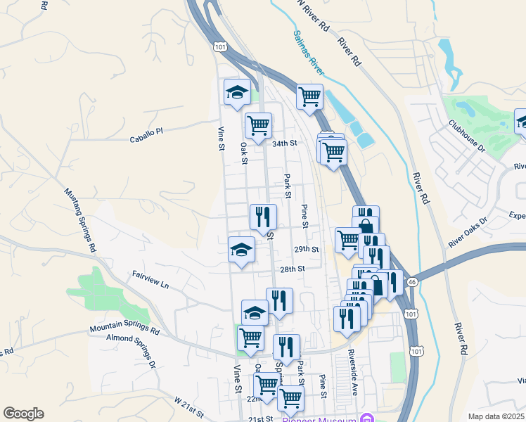 map of restaurants, bars, coffee shops, grocery stores, and more near 3014 Spring Street in Paso Robles