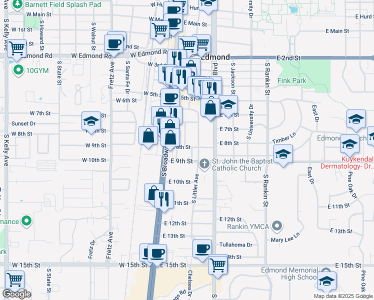 map of restaurants, bars, coffee shops, grocery stores, and more near 130 East 8th Street in Edmond