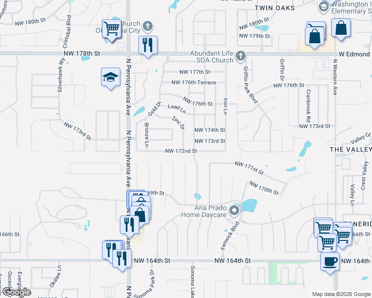 map of restaurants, bars, coffee shops, grocery stores, and more near 1836 Northwest 172nd Street in Edmond