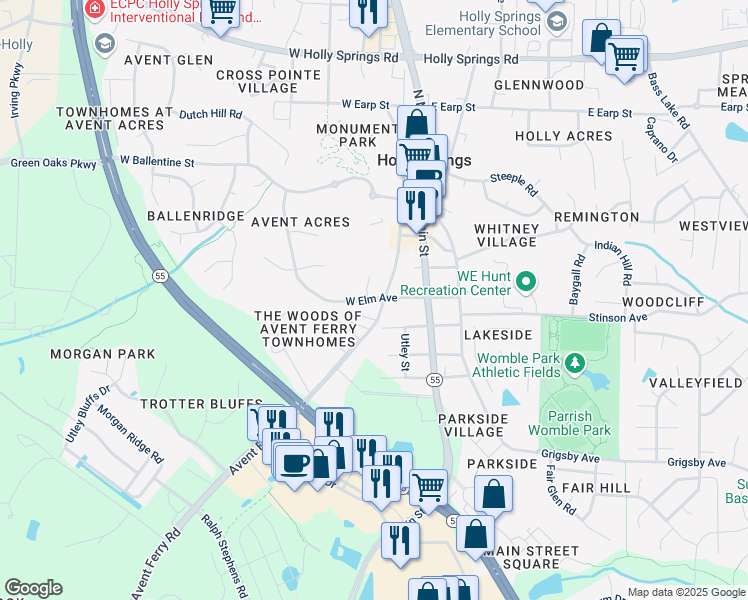 map of restaurants, bars, coffee shops, grocery stores, and more near 201 W Elm Ave in Holly Springs