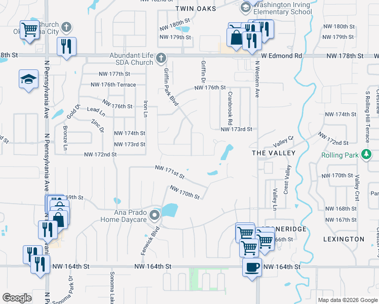 map of restaurants, bars, coffee shops, grocery stores, and more near 1500 Northwest 172nd Street in Edmond
