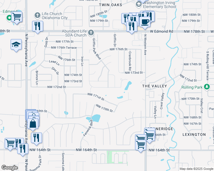 map of restaurants, bars, coffee shops, grocery stores, and more near 1501 Northwest 172nd Street in Edmond