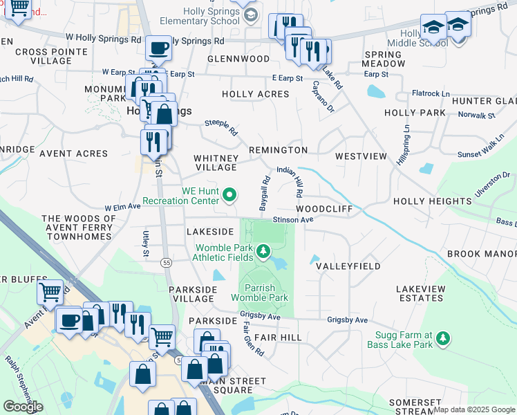 map of restaurants, bars, coffee shops, grocery stores, and more near 536 Baygall Road in Holly Springs