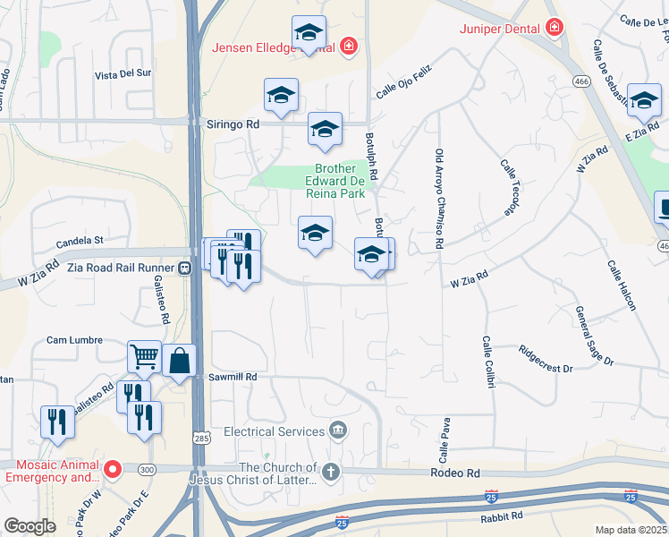 map of restaurants, bars, coffee shops, grocery stores, and more near 351 West Zia Road in Santa Fe