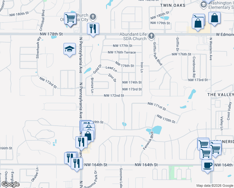 map of restaurants, bars, coffee shops, grocery stores, and more near 1836 Northwest 172nd Street in Edmond