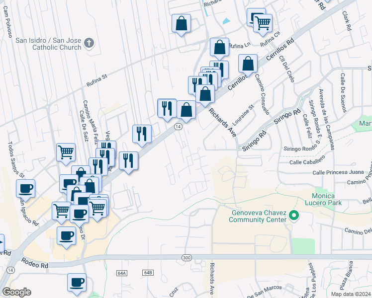 map of restaurants, bars, coffee shops, grocery stores, and more near 3430 Cerrillos Road in Santa Fe