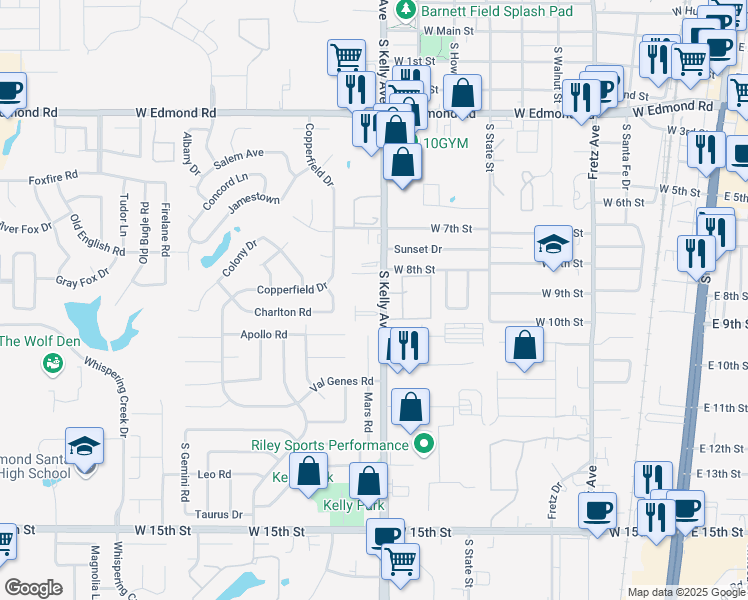 map of restaurants, bars, coffee shops, grocery stores, and more near 817 South Kelly Avenue in Edmond