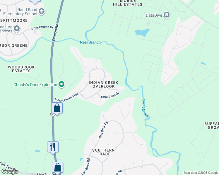 map of restaurants, bars, coffee shops, grocery stores, and more near 4913 Arapaho Drive in Garner
