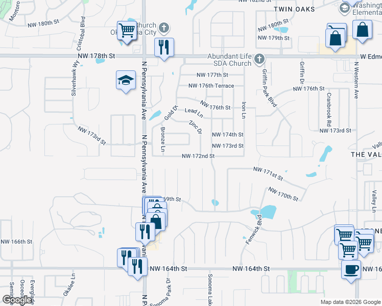 map of restaurants, bars, coffee shops, grocery stores, and more near 1836 Northwest 172nd Street in Edmond
