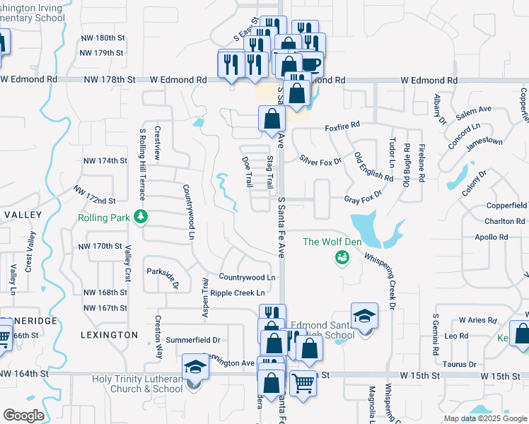 map of restaurants, bars, coffee shops, grocery stores, and more near 2320 Frisco Way in Edmond
