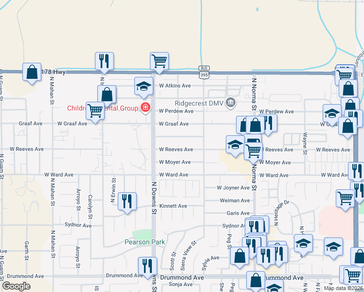 map of restaurants, bars, coffee shops, grocery stores, and more near 801 West Reeves Avenue in Ridgecrest