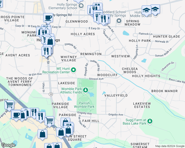 map of restaurants, bars, coffee shops, grocery stores, and more near 409 Flagg Road in Holly Springs