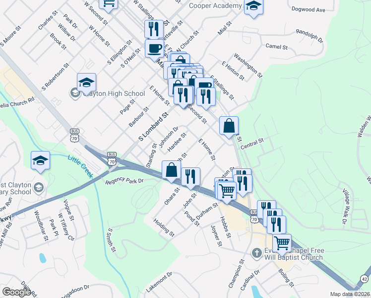 map of restaurants, bars, coffee shops, grocery stores, and more near 414 South Smith Street in Clayton