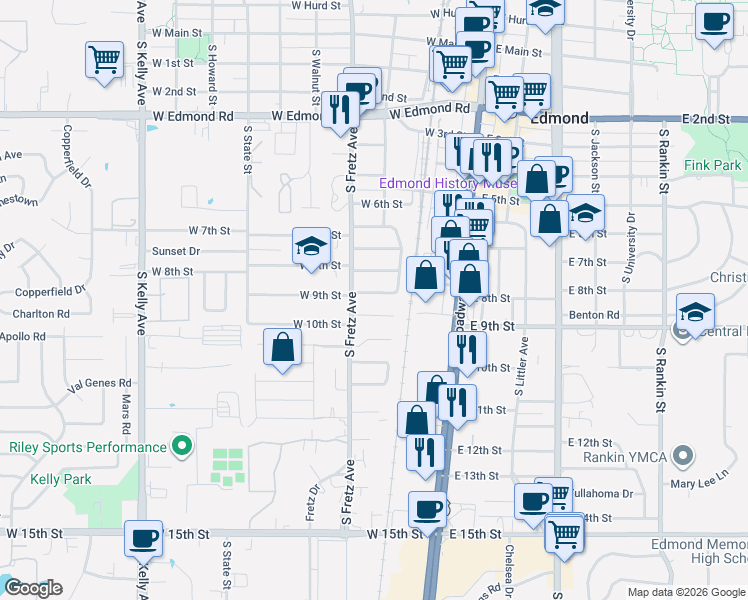 map of restaurants, bars, coffee shops, grocery stores, and more near 137 West 10th Place in Edmond
