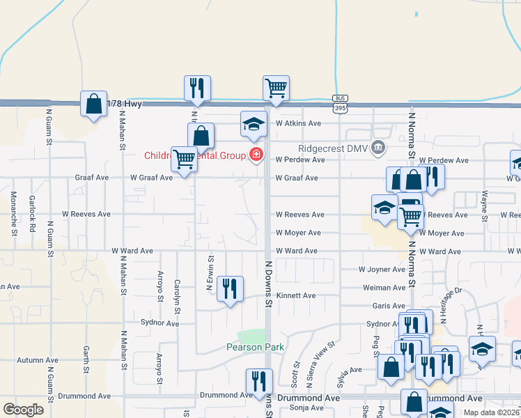 map of restaurants, bars, coffee shops, grocery stores, and more near 1411 North Downs Street in Ridgecrest