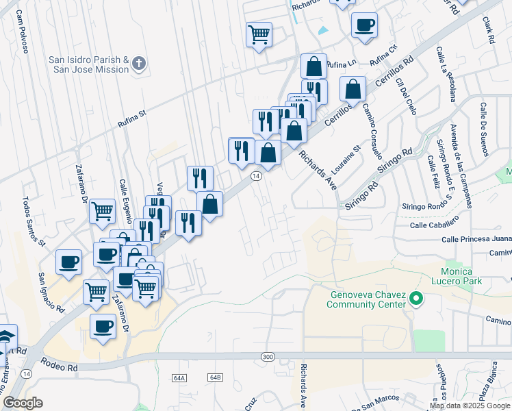 map of restaurants, bars, coffee shops, grocery stores, and more near 3430 Cerrillos Road in Santa Fe
