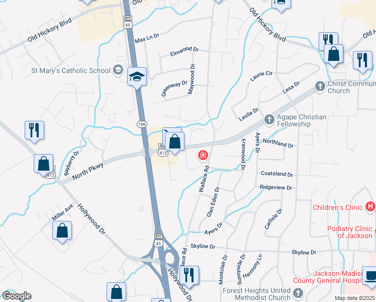 map of restaurants, bars, coffee shops, grocery stores, and more near 4805 Williamsburg Village Drive in Jackson