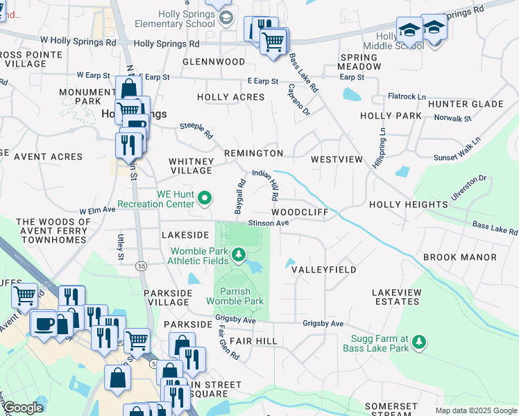 map of restaurants, bars, coffee shops, grocery stores, and more near 409 Flagg Road in Holly Springs