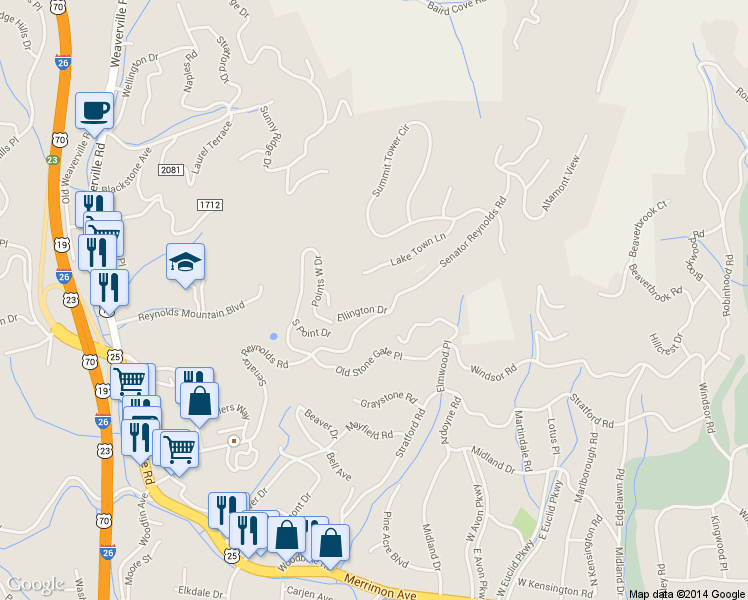 map of restaurants, bars, coffee shops, grocery stores, and more near 9 Ellington Drive in Asheville