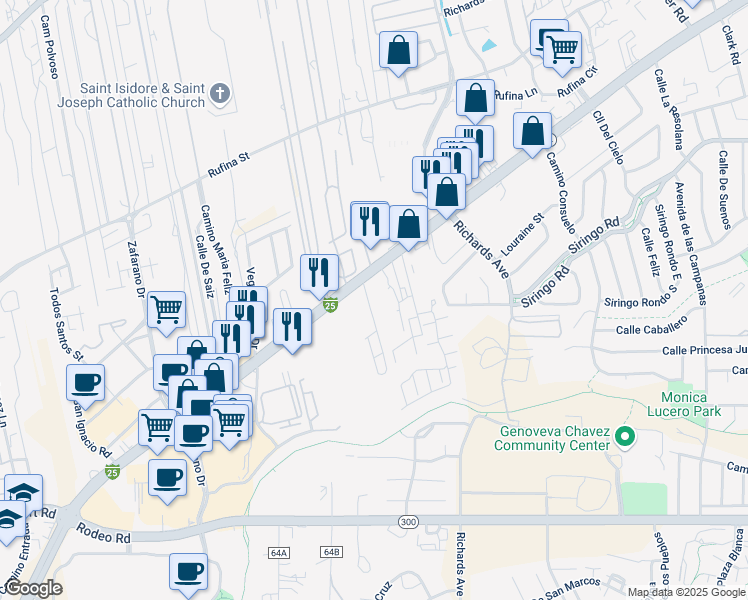 map of restaurants, bars, coffee shops, grocery stores, and more near 3430 Cerrillos Road in Santa Fe