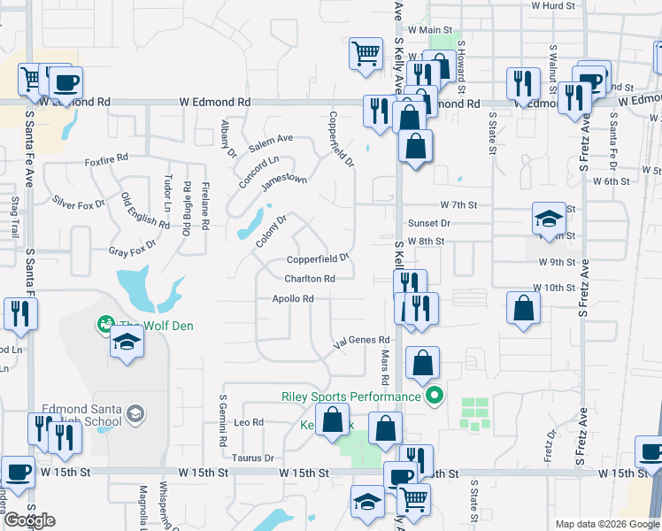 map of restaurants, bars, coffee shops, grocery stores, and more near 1201 Charlton Road in Edmond