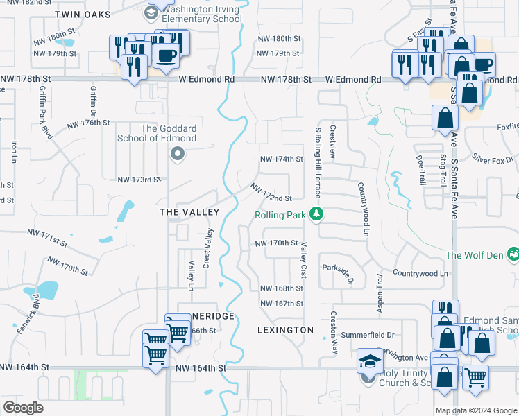 map of restaurants, bars, coffee shops, grocery stores, and more near Sunny Hollow Road in Edmond