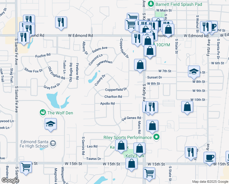 map of restaurants, bars, coffee shops, grocery stores, and more near 1201 Charlton Road in Edmond