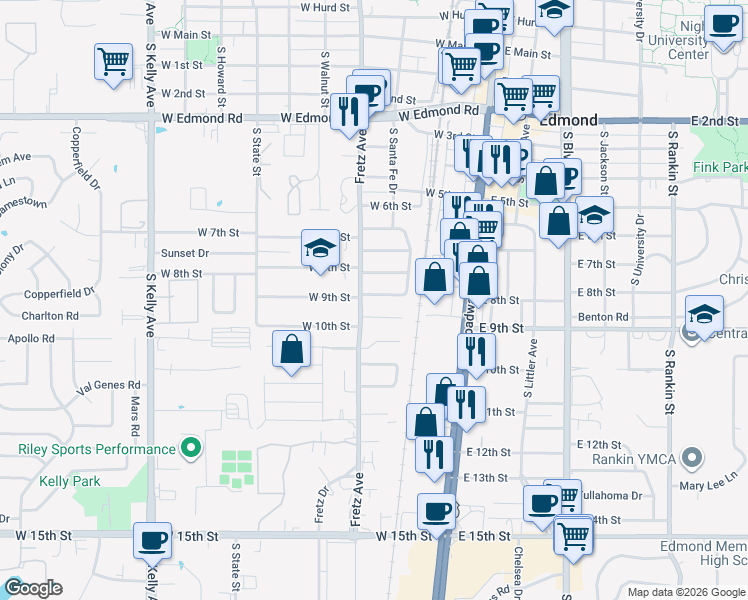 map of restaurants, bars, coffee shops, grocery stores, and more near 137 West 10th Place in Edmond
