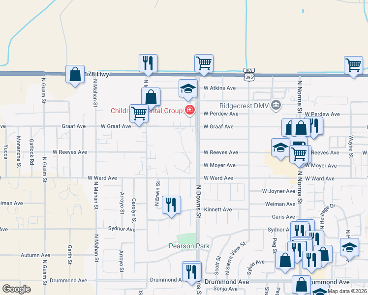 map of restaurants, bars, coffee shops, grocery stores, and more near 1411 North Downs Street in Ridgecrest