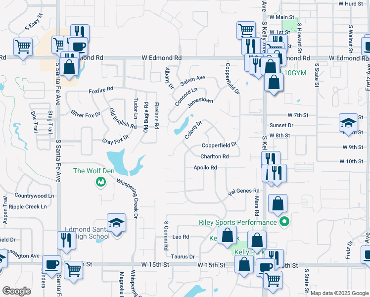 map of restaurants, bars, coffee shops, grocery stores, and more near 1401 Copperfield Drive in Edmond