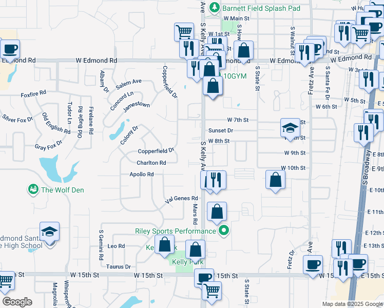 map of restaurants, bars, coffee shops, grocery stores, and more near 833 South Kelly Avenue in Edmond