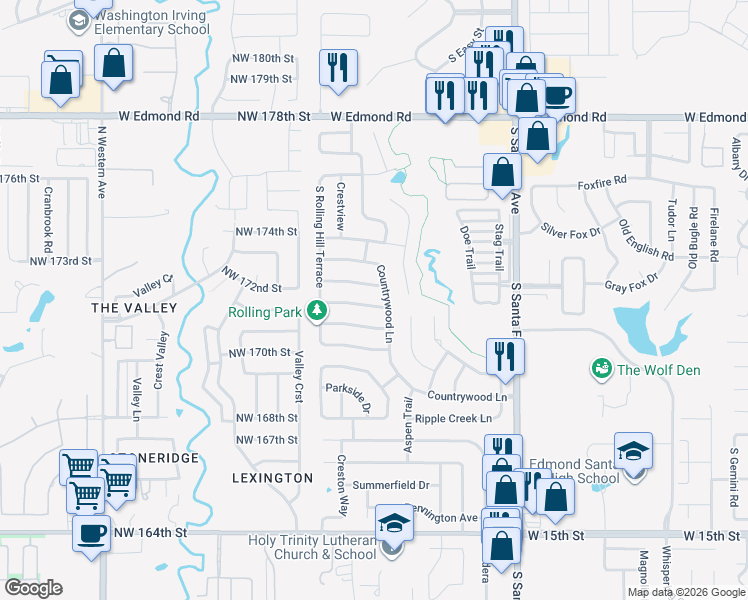 map of restaurants, bars, coffee shops, grocery stores, and more near 1015 Countrywood Lane in Edmond
