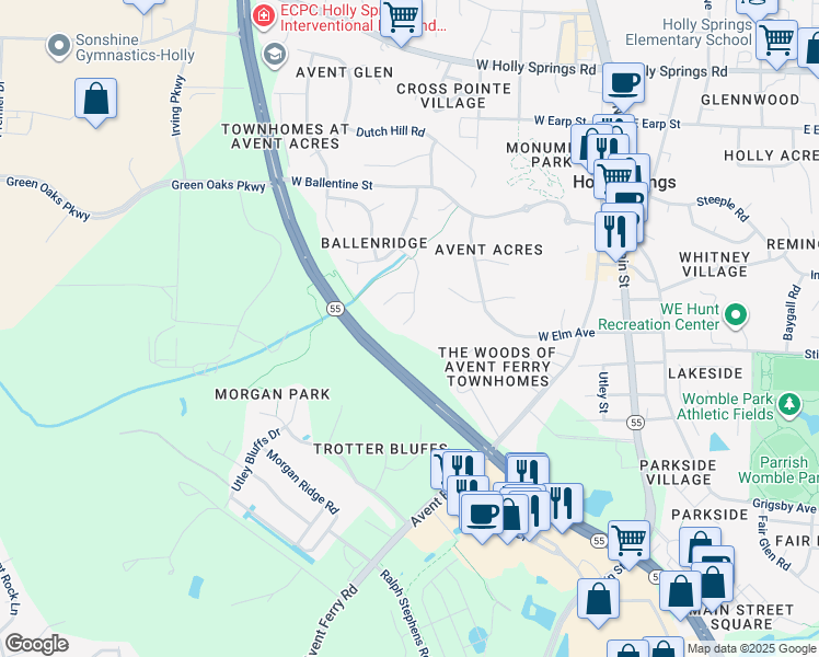 map of restaurants, bars, coffee shops, grocery stores, and more near 225 Chilmark Ridge Drive in Holly Springs