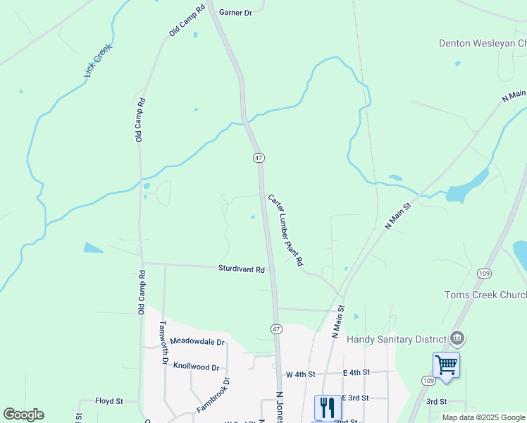 map of restaurants, bars, coffee shops, grocery stores, and more near North Carolina 47 in Denton