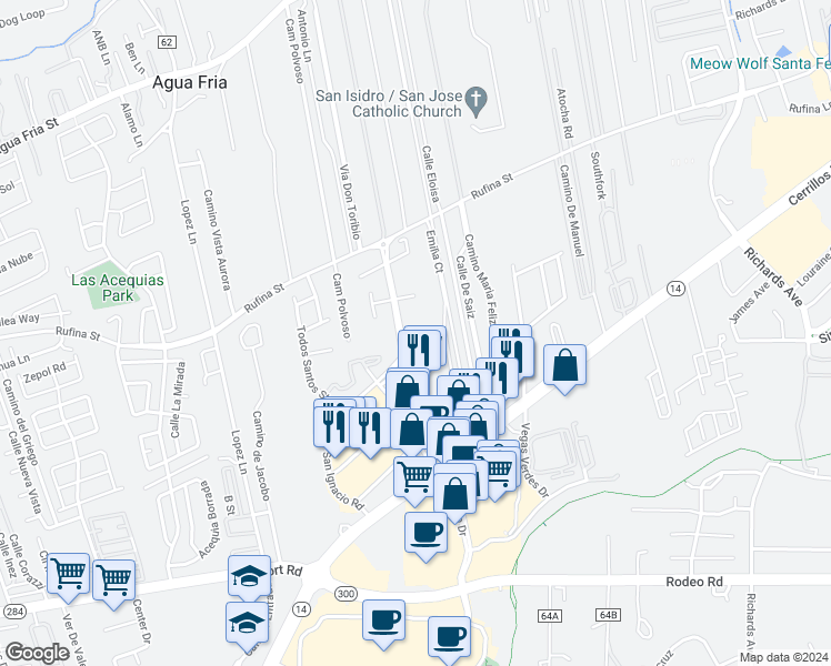 map of restaurants, bars, coffee shops, grocery stores, and more near 4499 San Ignacio Road in Santa Fe
