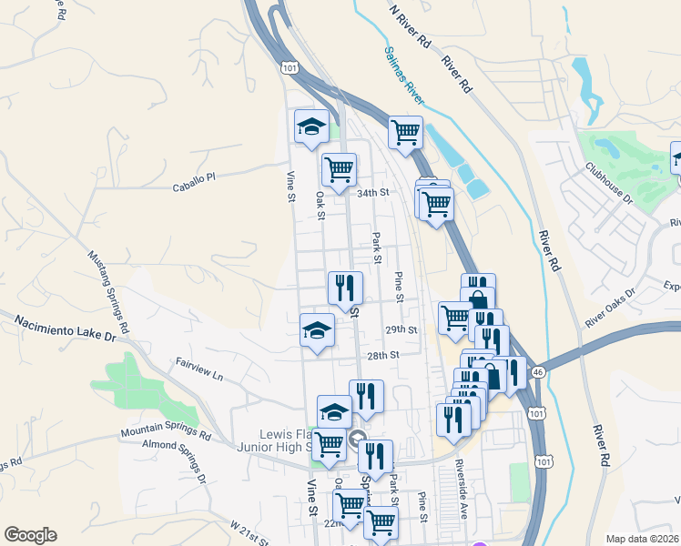 map of restaurants, bars, coffee shops, grocery stores, and more near 3014 Spring Street in Paso Robles