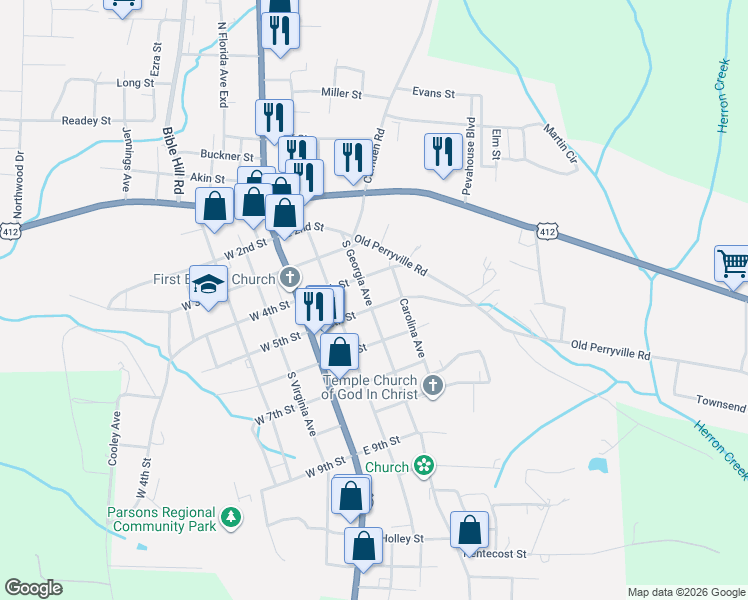 map of restaurants, bars, coffee shops, grocery stores, and more near 245 South Georgia Avenue in Parsons