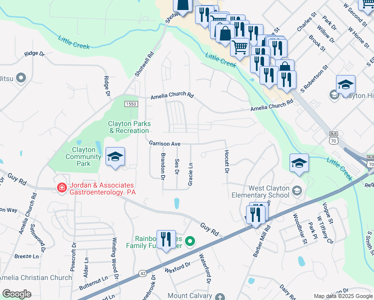 map of restaurants, bars, coffee shops, grocery stores, and more near 102 Gracie Lane in Clayton