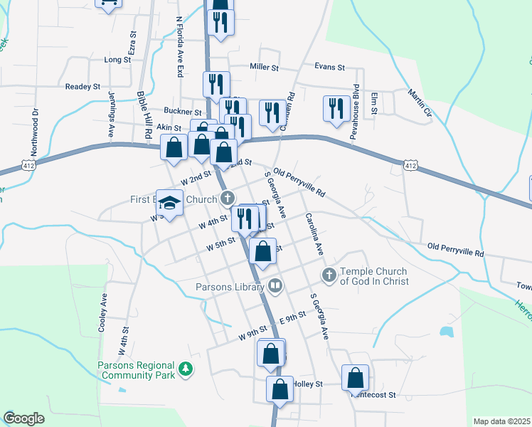 map of restaurants, bars, coffee shops, grocery stores, and more near 88 East 5th Street in Parsons