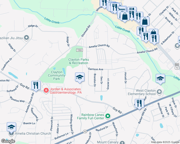 map of restaurants, bars, coffee shops, grocery stores, and more near 103 McKenzie Circle in Clayton