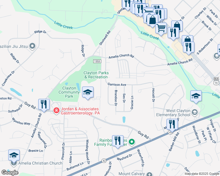 map of restaurants, bars, coffee shops, grocery stores, and more near 103 McKenzie Circle in Clayton