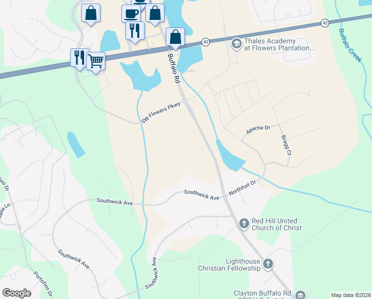 map of restaurants, bars, coffee shops, grocery stores, and more near 10865 Buffalo Road in Clayton
