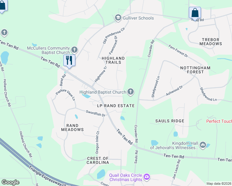 map of restaurants, bars, coffee shops, grocery stores, and more near 8416 Briana Drive in Raleigh