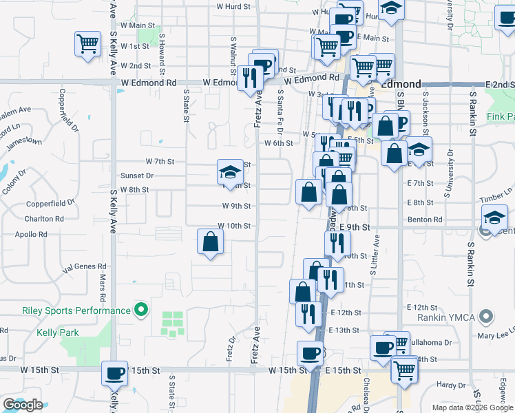 map of restaurants, bars, coffee shops, grocery stores, and more near 300 West 9th Street in Edmond